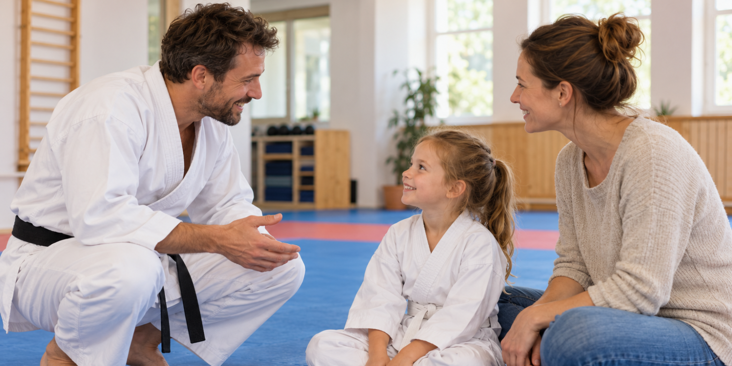 aratetrainer im Gespräch mit einer Mutter und ihrem Kind im Dojo