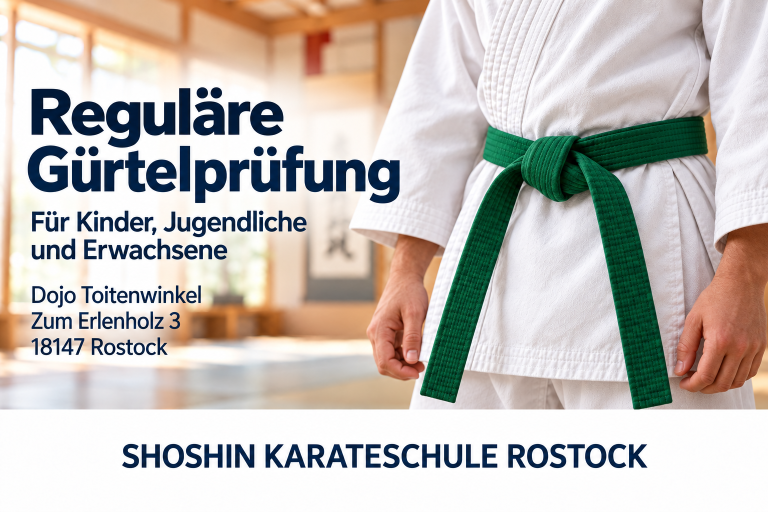 Reguläre Gürtelprüfung für Kinder, Jugendliche und Erwachsene im Dojo Toitenwinkel in Rostock – Karateanzug mit grünem Gürtel.