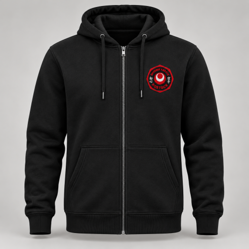 Schwarze Kapuzenjacke mit durchgehendem Reißverschluss und ShoShin-Logo auf der linken Brustseite