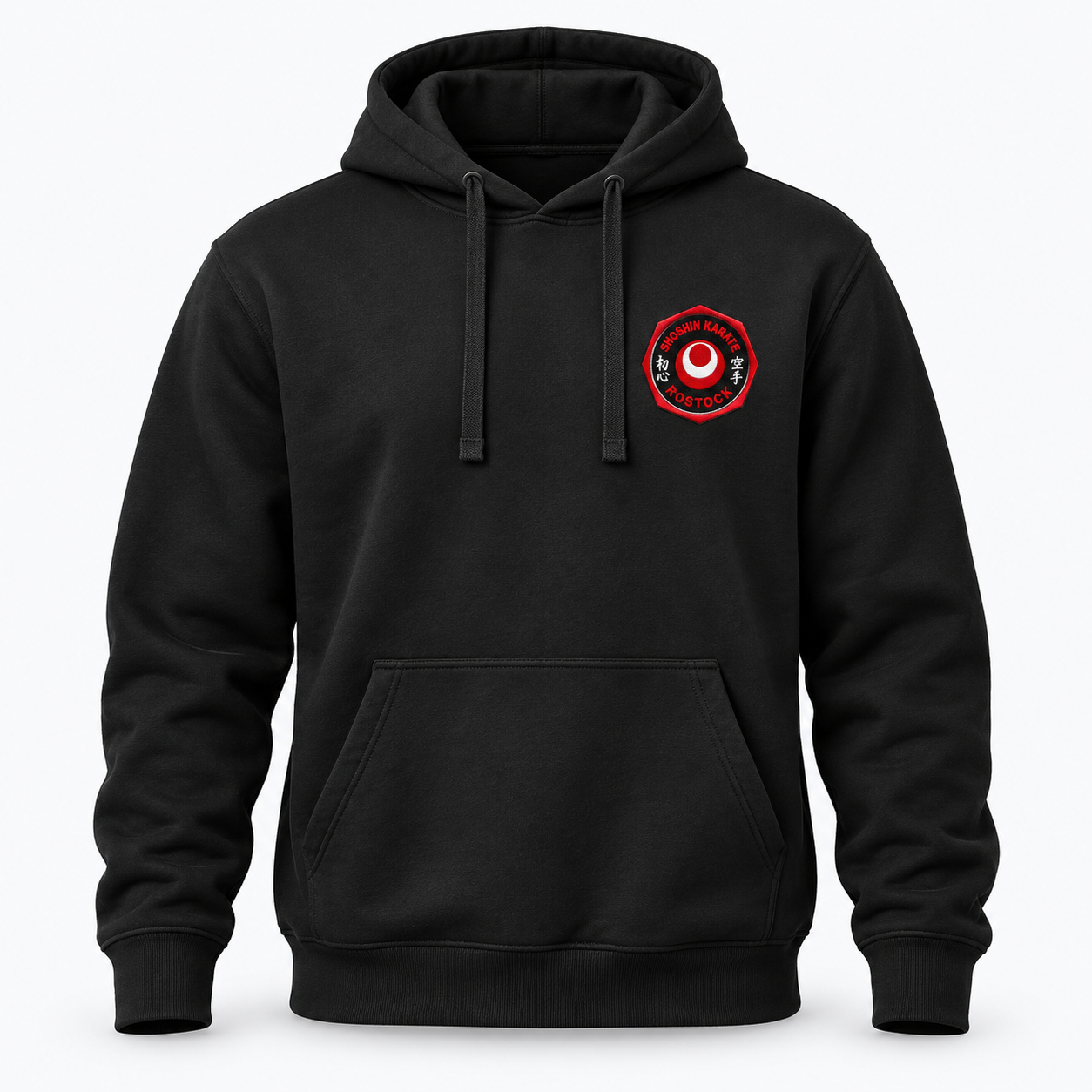 Schwarzer Kapuzenpullover mit Kängurutasche und ShoShin-Logo auf der linken Brustseite