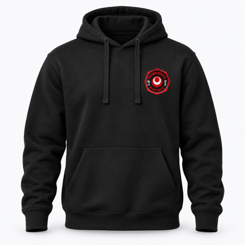 Schwarzer Kapuzenpullover mit Kängurutasche und ShoShin-Logo auf der linken Brustseite